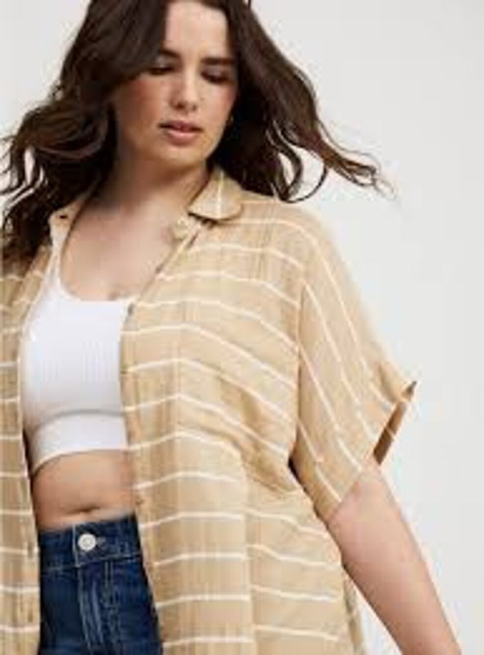 Torrid Size 2 Tan White Striped Cotton Gauze Button Front Shirt Plus 2X